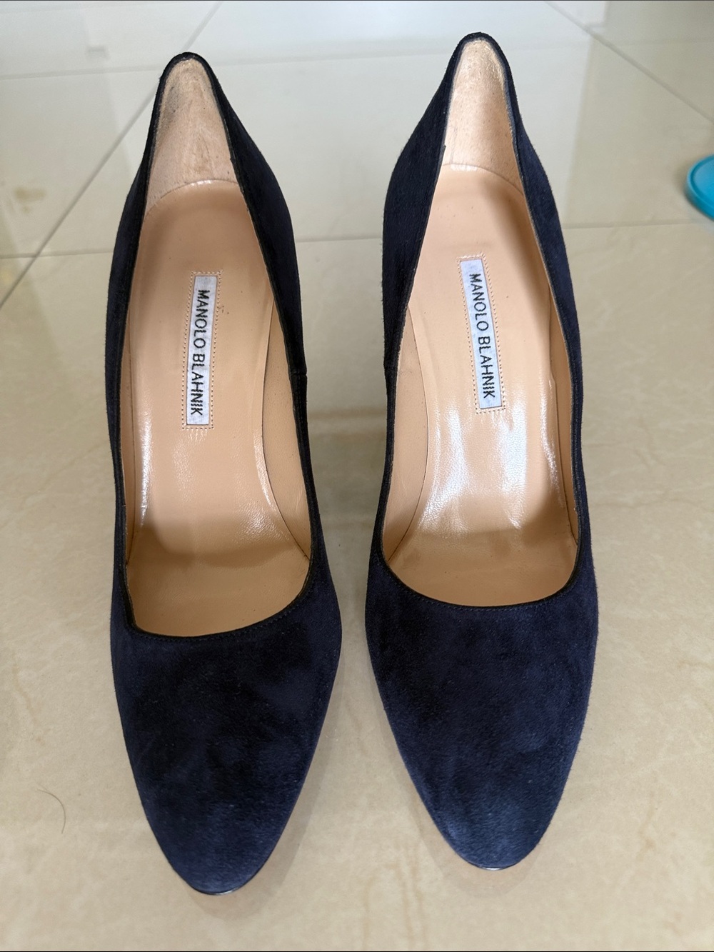 Manolo Blahnik Navy Suede Pointed Pumps